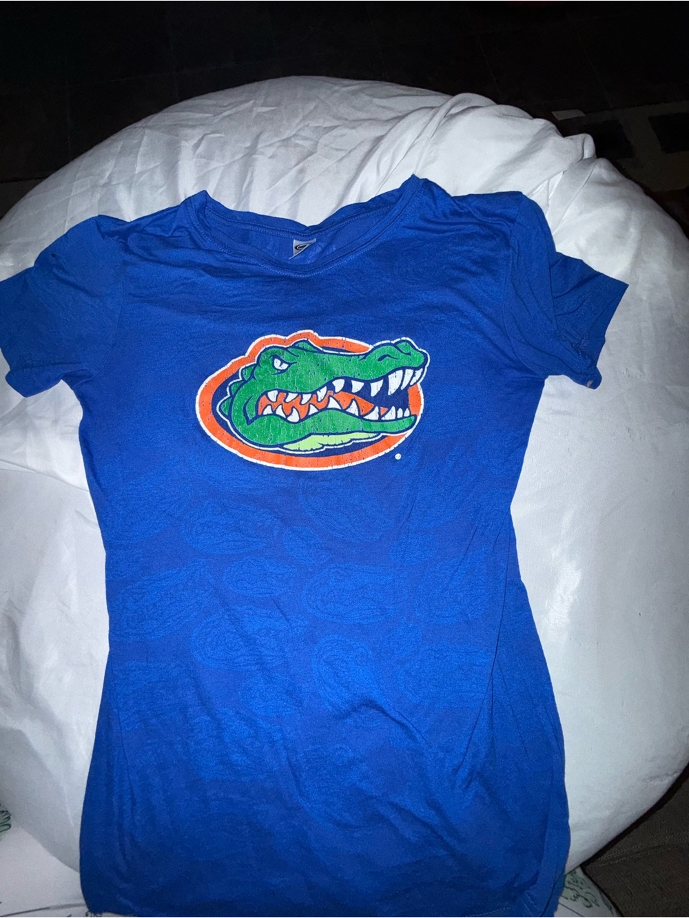 Women’s Florida Gators Blue Short Sleeve Logo Tee with logo all over the shirt-S